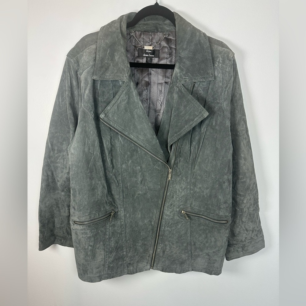 Dennis Basso Charcoal Grey Suede Leather Jacket Moto Style size 2X Washable